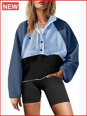 Fuzzy Fleece Pullover Sherpa Sweatshirt Button Down Winter Jacket with Pockets